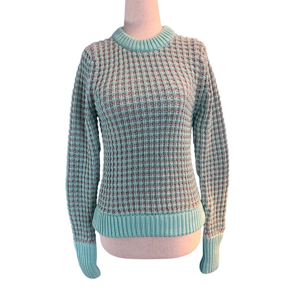 NWT KSUBI Cotton Teal Gray Chunky Waffle Knit Pullover Sweater L Retail $385